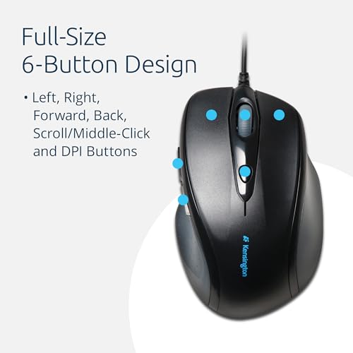 Kensington kabelgebundene ergonomische Full-Size-Maus, Pro Fit Computermaus mit Kabel für Laptop, Desktop und Gaming, USB 3.0 Verbindung und Scrollrad, Für PC, Mac, Chromebook, Schwarz, K72369EU Bild 4