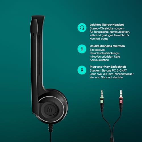 EPOS PC 3 Chat - Langlebiges On-Ear Headset PC, Kopfhörer mit Kabel, Rauschunterdrückendes Mikrofon, Einfach zu Verbinden, Stereosound, Für Online-Anrufe, -Unterricht und Gaming, Schwarz Bild 3