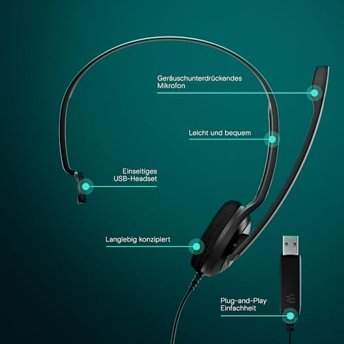 EPOS PC7 USB Mono-Headset für PC & Mac - Leichtes kabelgebundenes On-Ear-Headset, Mikrofon mit Geräuschunterdrückung, USB Plug-and-Play, Kristallklarer Klang, für Büroanrufe, Business, Online-Meetings Bild 2