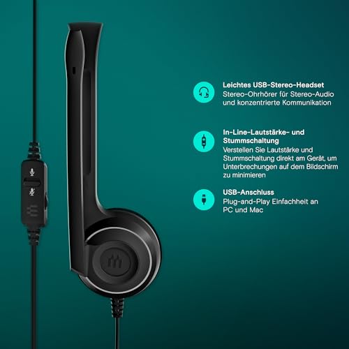 EPOS PC 8 USB On-Ear-Stereo Wired Headset mit Mikrofon, Kopfhörer mit Kabel, Inline-Lautstärke, Stummschaltung, Mikrofon-Rauschunterdrückung, Hochwertig, für Laptop, PC, Mac - Online-Anrufe Unterric Bild 4