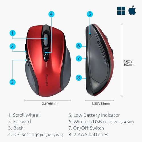 Kensington ProFit Kabellose Maus, Mittlelgroß, Optische 5-Tasten Funkmaus mit ergonomischer Form für Rechtshänder und Plug & Play Betrieb - Kompatibel mit Windows & MacOS, Rot, K72422WW Bild 2