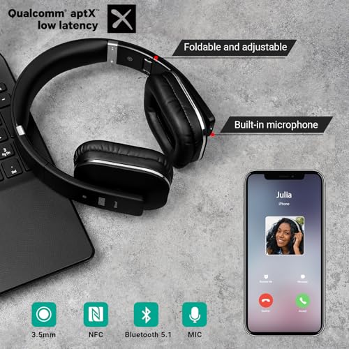 August EP650 - Bluetooth Kopfhörer v4.2 NFC mit aptX Low Latency - Stereo Over Ear Headphones Audio App kabellose Kopfhörer mit Mikrofon für Freisprecher tiefer Bass 15h Akku (schwarz) Bild 6
