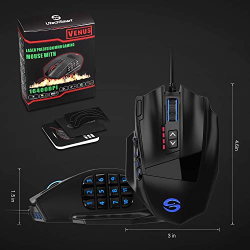 UtechSmart Venus -gaming maus 12 tasten mmo maus 16400 dpi USB Laser Gaming Mouse | 18 Tasten naga | 16400 dpi Abtastrate | High Precision | konfigurierbare LED-Farb-Beleuchtung | MMO Gaming Bild 5