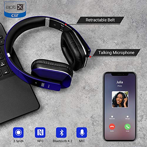 August EP650 - Bluetooth Kopfhörer v4.2 NFC mit aptX Low Latency - Stereo Over Ear Headphones Audio App kabellose Kopfhörer mit Mikrofon für Freisprecher tiefer Bass 15h Akku (Blau) Bild 5