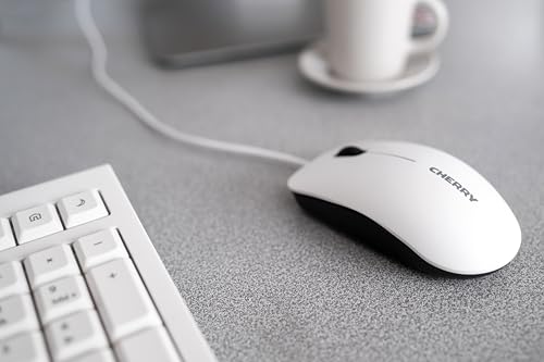 CHERRY MC 1000, Kabelgebundene Office-Maus, Optischer Sensor (1.200 DPI), 3 Tasten, Symmetrisches Design für Links- & Rechtshänder, GS-Zertifizierung, Weiß-Grau Bild 4