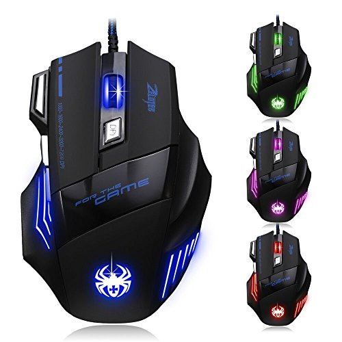 zelotes Kabelgebundene Gaming-Maus mit 7200 DPI,8 Tasten,LED-Beleuchtung,USB optische Ergonomische Gamer Maus mit Kabel für PC,Mac,Laptop,Schwarz Bild 1