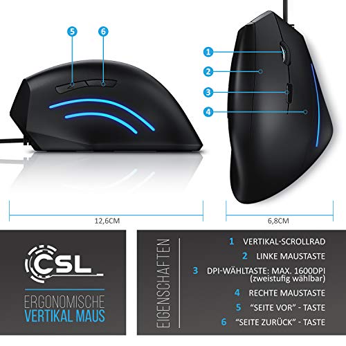 CSL - optische Vertikal USB Maus - vertikale kabelgebundene Ausführung - ergonomisches Design - Vorbeugung gegen Maus- Tennisarm besonders armschonend - 6 Tasten Bild 2