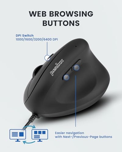 Perixx PERIMICE-508 Programmierbare Ergonomische Maus -Vertikal - Schnurgebunden - 1000/1600 dpi - Ideal gegen Maus-und Tennisarm Bild 3