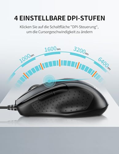 TECKNET Maus mit Kabel, Computermaus mit 6 Tasten, 6400 DPI, Ergonomisches Optical Business Kabelgebundene Maus für PC, Laptop, USB-Kabel 150 cm, Grau Bild 2