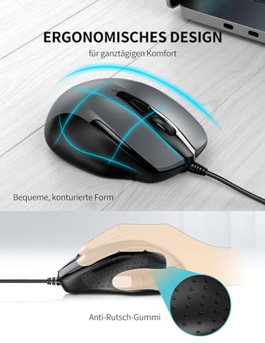 TECKNET Maus mit Kabel, Computermaus mit 6 Tasten, 6400 DPI, Ergonomisches Optical Business Kabelgebundene Maus für PC, Laptop, USB-Kabel 150 cm, Grau Bild 3