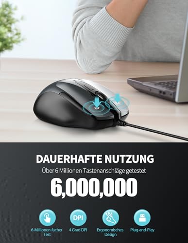 TECKNET Maus mit Kabel, Computermaus mit 6 Tasten, 6400 DPI, Ergonomisches Optical Business Kabelgebundene Maus für PC, Laptop, USB-Kabel 150 cm, Grau Bild 4