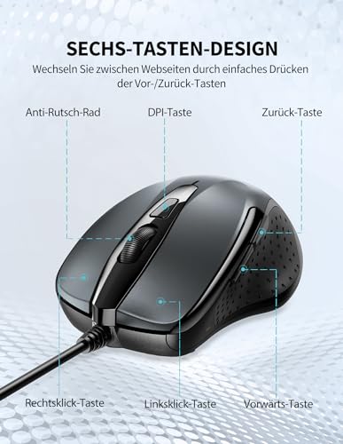 TECKNET Maus mit Kabel, Computermaus mit 6 Tasten, 6400 DPI, Ergonomisches Optical Business Kabelgebundene Maus für PC, Laptop, USB-Kabel 150 cm, Grau Bild 5