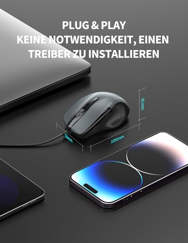 TECKNET Maus mit Kabel, Computermaus mit 6 Tasten, 6400 DPI, Ergonomisches Optical Business Kabelgebundene Maus für PC, Laptop, USB-Kabel 150 cm, Grau Bild 6