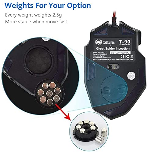 Zelotes T90 Qualität multi-modes LED-Lichtern, 9200 DPI Kabelgebundene USB-Gaming-Maus Computer-Mäuse für PC, Gewicht Tuning Set, Mac, 8 Tasten (schwarz) Bild 2