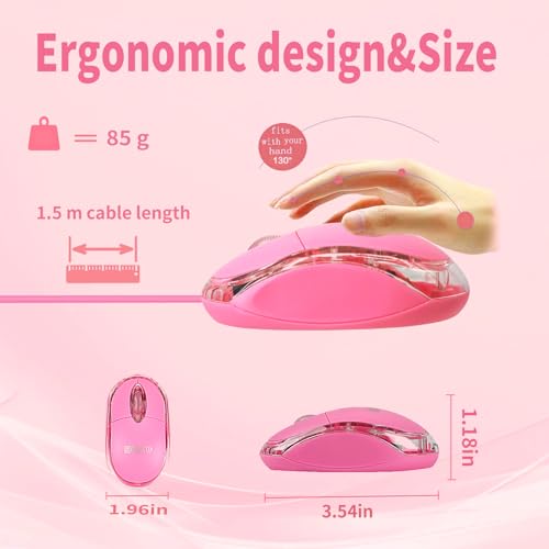 SOONGO Kabelgebundene Maus, Rosa Computermaus, Ergonomisches Design, 1,5 m USB-Kabel, kompatibel mit Laptops und Desktop-Computern, kompatibel zu Windows, Linux, Mac Bild 2