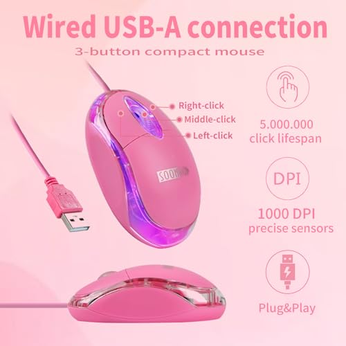SOONGO Kabelgebundene Maus, Rosa Computermaus, Ergonomisches Design, 1,5 m USB-Kabel, kompatibel mit Laptops und Desktop-Computern, kompatibel zu Windows, Linux, Mac Bild 3