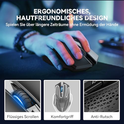 TECKNET Kabellose Gaming Maus, 2,4 GHz Wireless Mouse Gaming mit Schnellfeuertaste, 8 Tasten, 4800 DPI, 20 Millionen Klicks, Ergonomische Optische Maus für PC/Mac/Laptop Bild 4