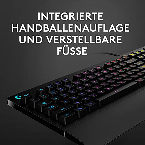 Logitech G213 Prodigy Gaming-Tastatur, RGB-Beleuchtung, Programmierbare G-Tasten, Multi-Media Bedienelemente, Integrierte Handballenauflage, Spritzwassergeschützt, Deutsches QWERTZ-Layout - Schwarz Bild 5