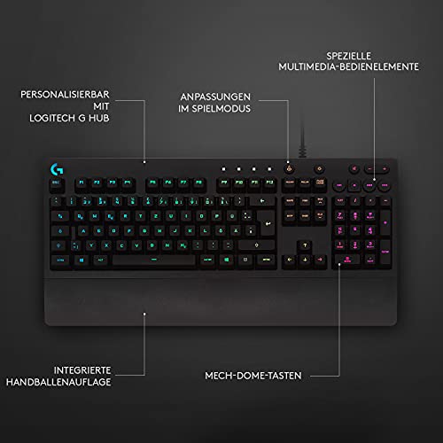Logitech G213 Prodigy Gaming-Tastatur, RGB-Beleuchtung, Programmierbare G-Tasten, Multi-Media Bedienelemente, Integrierte Handballenauflage, Spritzwassergeschützt, Deutsches QWERTZ-Layout - Schwarz Bild 6