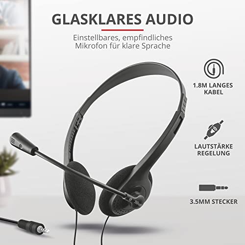 Trust Primo Chat Kopfhörer mit Kabel 3.5 mm, Einstellbares Mikrofon, Leichtes Design, Y-Adapter, 1,8 m Kabel mit Lautstärkeregler, Kabelgebundenes PC Headset für Mac Office Skype Teams, Schwarz Bild 2
