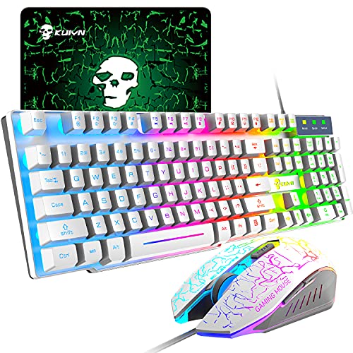 UrChoiceLtd Meyying T6 Regenbogen Hinterleuchtet Multimedia USB Spiel Tastatur + 2400DPI 6-Tasten Optisch Regenbogen LED Maus +Spiel Mauspads (Leuchtender Schlüssel, weiß) Bild 1