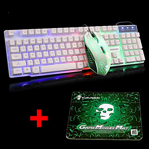 UrChoiceLtd Meyying T6 Regenbogen Hinterleuchtet Multimedia USB Spiel Tastatur + 2400DPI 6-Tasten Optisch Regenbogen LED Maus +Spiel Mauspads (Leuchtender Schlüssel, weiß) Bild 2