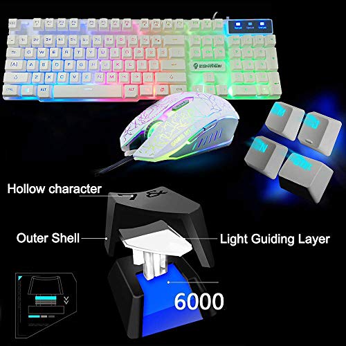 UrChoiceLtd Meyying T6 Regenbogen Hinterleuchtet Multimedia USB Spiel Tastatur + 2400DPI 6-Tasten Optisch Regenbogen LED Maus +Spiel Mauspads (Leuchtender Schlüssel, weiß) Bild 3