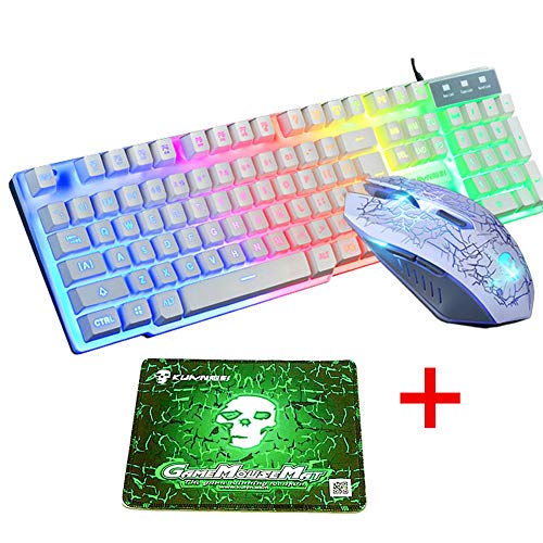 UrChoiceLtd Meyying T6 Regenbogen Hinterleuchtet Multimedia USB Spiel Tastatur + 2400DPI 6-Tasten Optisch Regenbogen LED Maus +Spiel Mauspads (Leuchtender Schlüssel, weiß) Bild 6