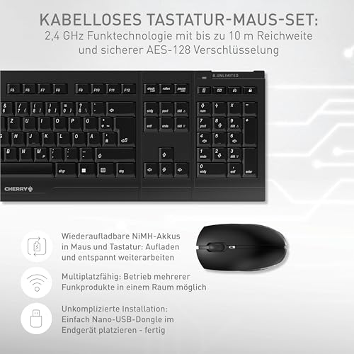 CHERRY B.Unlimited 3.0 - Wireless Tastatur+Maus - deutsches Layout - QWERTZ Tastatur - GS-Zulassung - Schwarz Bild 2