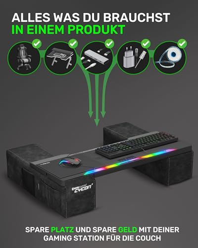 Couchmaster CYCON³ Black HORIZONLIGHT Bar, ergonomischer Gaming Laptoptisch für Couch, Sofa und Bett, Laptop Tisch mit USB Hub für PC, PS4/5, Xbox One/Series X und Laptops Bild 4