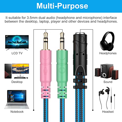 ENVEL Headset Audio Splitter y Adapter Klinke 3,5 mm Mikrofon Kopfhörer 4 Polig Kabel aux Splitter 1 auf 2 3,5 Buchse auf Doppel 3,5 Klinkenstecker für Desktop,Laptop,PS4,Xbox One,Smartphone Bild 3