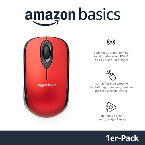 Amazon Basics Kabellose Computer-Maus mit USB-Nano-Empfänger, Rot Bild 2