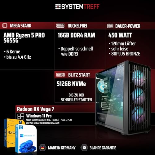 SYSTEMTREFF Basic Gaming Komplett PC Set AMD Ryzen 5 PRO 5655G 6x4.4GHz | AMD RX Vega 7 4K | 512GB M.2 NVMe | 16GB DDR4 RAM | WLAN Desktop Paket Computer für Gamer, Gaming Bild 2