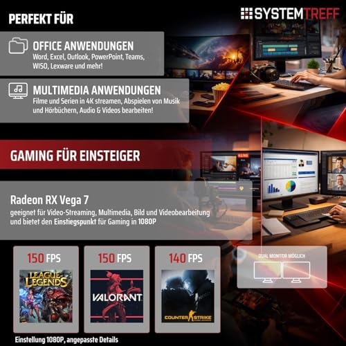 SYSTEMTREFF Basic Gaming Komplett PC Set AMD Ryzen 5 PRO 5655G 6x4.4GHz | AMD RX Vega 7 4K | 512GB M.2 NVMe | 16GB DDR4 RAM | WLAN Desktop Paket Computer für Gamer, Gaming Bild 5