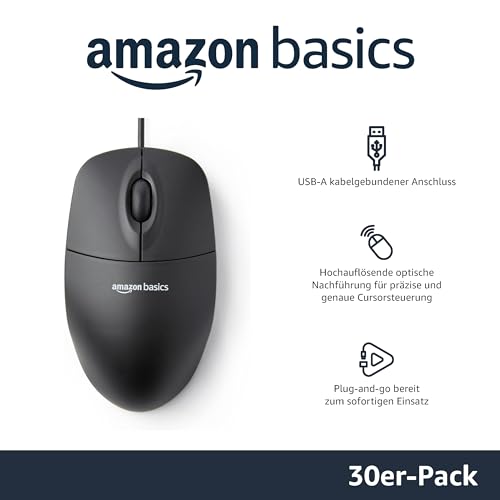 Amazon Basics USB-Maus mit DREI Bedienelementen, verkabelt, (Schwarz), 30er-Pack Bild 2
