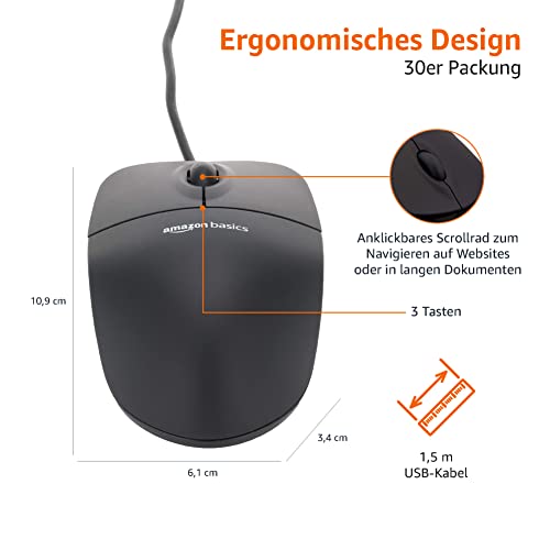 Amazon Basics USB-Maus mit DREI Bedienelementen, verkabelt, (Schwarz), 30er-Pack Bild 5