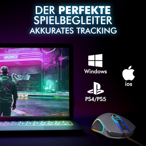 KLIM Aim Gaming Maus RGB Gamer Maus 7000 DPI - Ergonomische RGB Chroma Computermaus mit Kabel für Rechts- und Linkshänder - PS4-Gaming Mouse, Laptop und Desktop-PC + optische Präzisionsmaus - Grau Bild 2