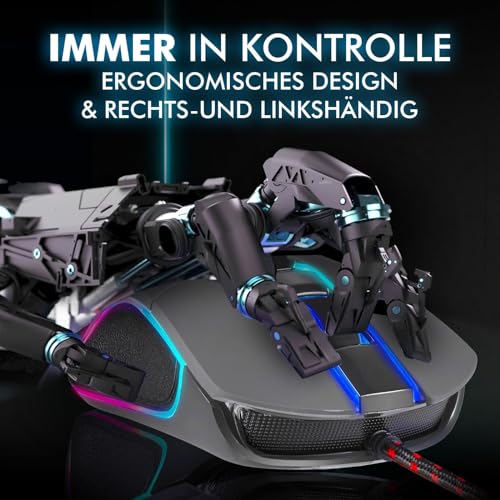 KLIM Aim Gaming Maus RGB Gamer Maus 7000 DPI - Ergonomische RGB Chroma Computermaus mit Kabel für Rechts- und Linkshänder - PS4-Gaming Mouse, Laptop und Desktop-PC + optische Präzisionsmaus - Grau Bild 3