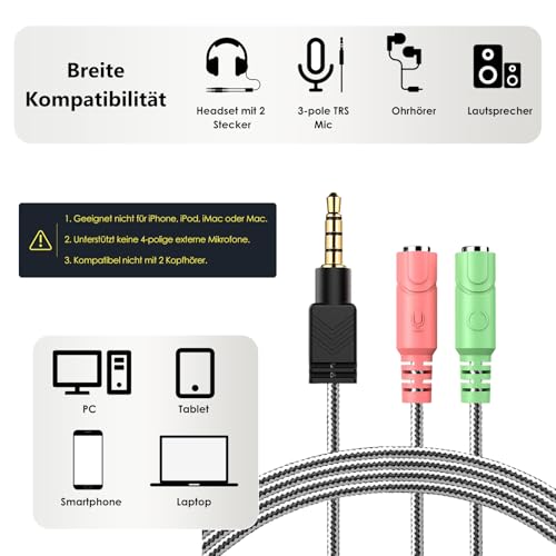 MillSO 3.5mm Audio Klinke Y Kabel - Headset Splitter Adapter mit Separater Mikrofon und Kopfhörer Buchse geeignet für PC-Gaming-Headset, Handy, Gaming Konsole und Tablet - 100CM Schwarz Bild 2