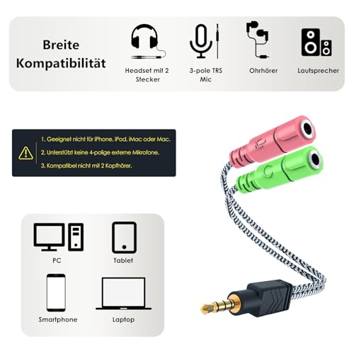MillSO Kopfhörer Adapter (Nicht für Zwei Kopfhörer), 3.5mm Audio Klinke Y Kabel (3.5mm Stereo Stecker auf 2X 3,5mm Buchse) für PC Gaming Headset, TRS Mikrofon, PS4, Xbox One, Smartphones und Laptop Bild 2