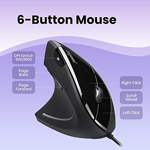 Perixx Perimice-513L Vertikale ergonomische Maus mit 2 DPI, 6 Tasten optische Ergo-Maus mit 2 Level DPI-Schalter 1000 1600, Linkshänder, schwarz Bild 6