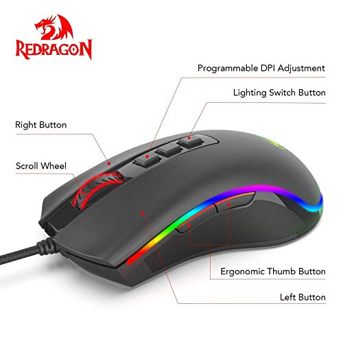 Redragon M711 Cobra Gaming Maus mit 16,8 Millionen RGB-Farben und Hintergrundbeleuchtung, 10.000 DPI Einstellbar, Komfortabler Griff, 7 Programmierbare Tasten, Schwarz Bild 2