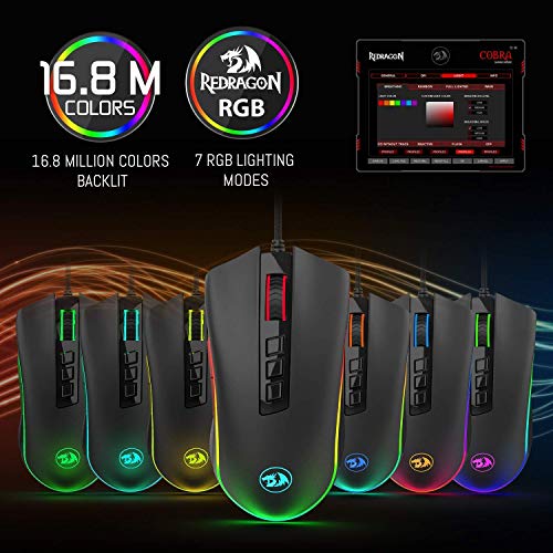 Redragon M711 Cobra Gaming Maus mit 16,8 Millionen RGB-Farben und Hintergrundbeleuchtung, 10.000 DPI Einstellbar, Komfortabler Griff, 7 Programmierbare Tasten, Schwarz Bild 4