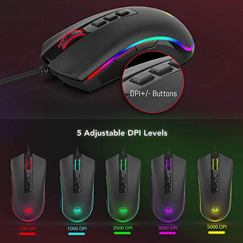 Redragon M711 Cobra Gaming Maus mit 16,8 Millionen RGB-Farben und Hintergrundbeleuchtung, 10.000 DPI Einstellbar, Komfortabler Griff, 7 Programmierbare Tasten, Schwarz Bild 6