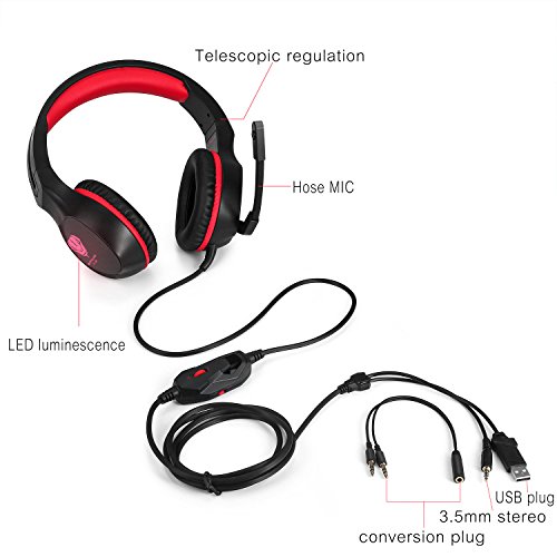 BUTFULAKE Gaming Headset, Audio Stereo Bass mit LED, Kopfhörer mit Controller Praxis, kompatibel für PS4, Xbox One, PC, Laptop, Tablet, Smartphone … (Rot) Bild 3