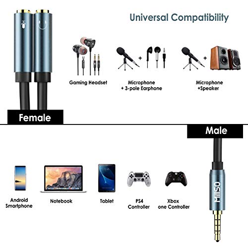 MillSO Combo Audio Adapter - 3.5mm Y Splitter für PC Gaming Kophörer (2x3 Pole Buchse auf 1x4 Pole Stecker) Klinke Headset Adapter für Xbox One, PS4, Smartphones und Laptop Bild 2