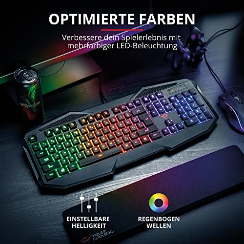 Trust Gaming GXT 830-RW Avonn Gaming Tastatur, QWERTZ Deutsches Layout, Regenbogenwellen-Beleuchtung, Anti-Ghosting, Spielmodus, 12 Media-Tasten, USB Tastatur für PC/Laptop - Schwarz Bild 2