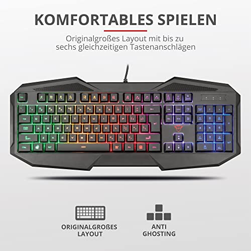 Trust Gaming GXT 830-RW Avonn Gaming Tastatur, QWERTZ Deutsches Layout, Regenbogenwellen-Beleuchtung, Anti-Ghosting, Spielmodus, 12 Media-Tasten, USB Tastatur für PC/Laptop - Schwarz Bild 3