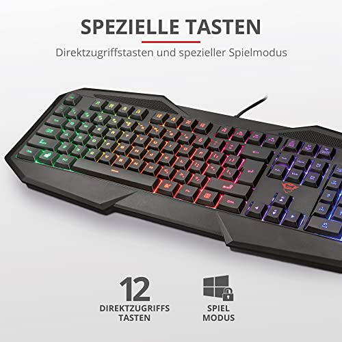 Trust Gaming GXT 830-RW Avonn Gaming Tastatur, QWERTZ Deutsches Layout, Regenbogenwellen-Beleuchtung, Anti-Ghosting, Spielmodus, 12 Media-Tasten, USB Tastatur für PC/Laptop - Schwarz Bild 4