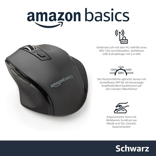 Amazon Basics Ergonomische kabellose USB Maus - DPI einstellbar - Schwarz Bild 2